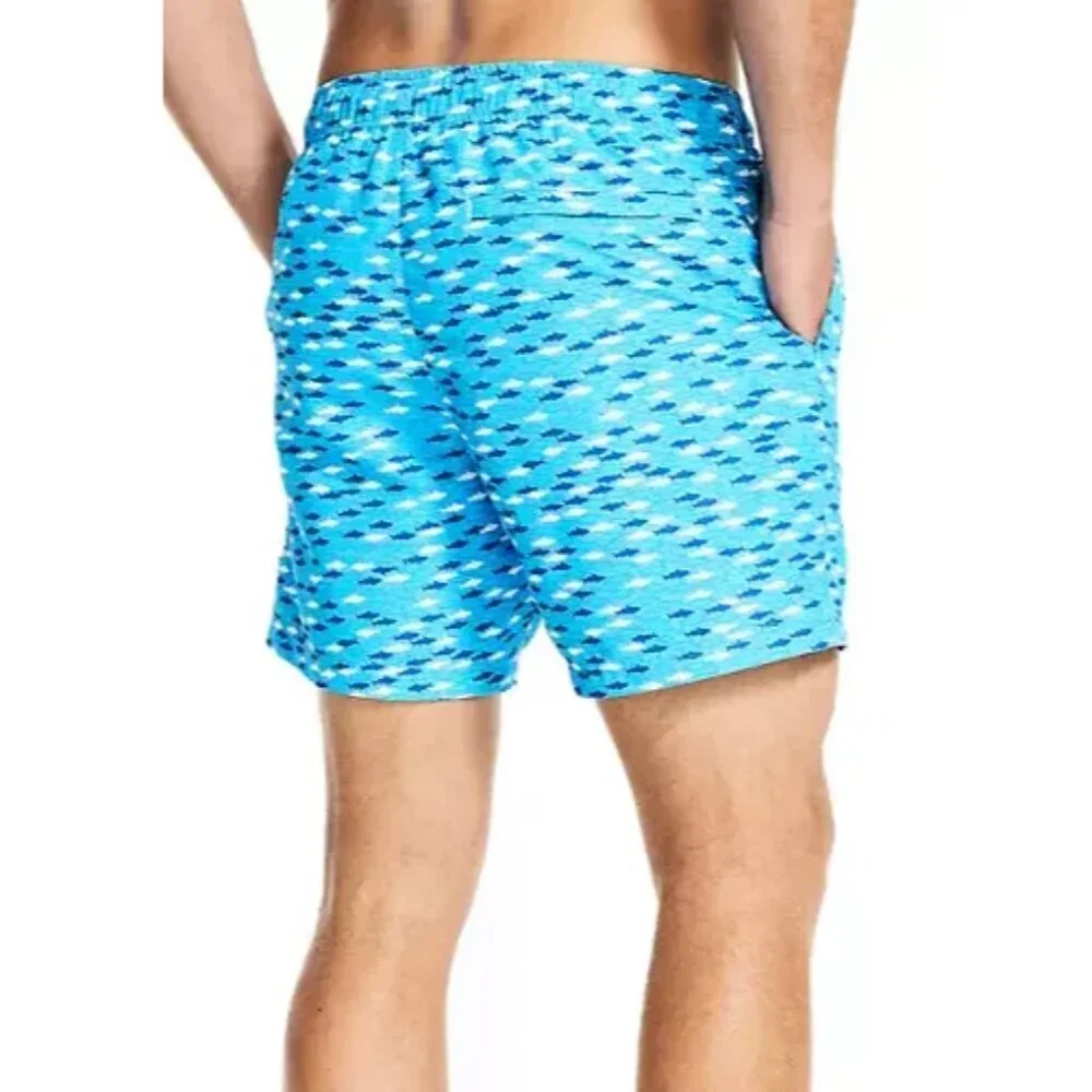 Nautica Mens XL Blue White Shark Fish Print Lined Swim Trunks Drawstring NEW